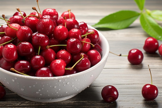 Fresh cherries in a white bowl adorned with water droplets