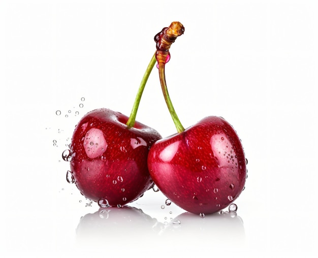 fresh cherries with water droplets on white background red cherry