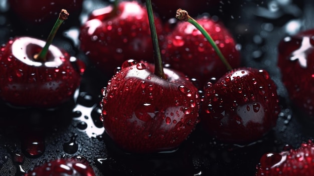 Fresh cherries with water drops on dark background