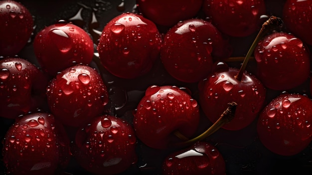 Fresh cherries with water splashes and drops on a black background