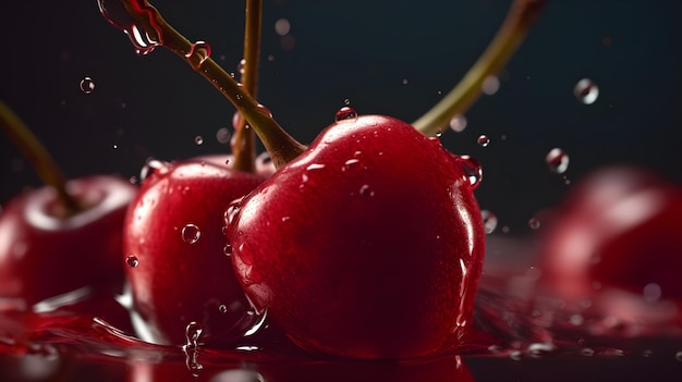 Fresh cherries with water splashes and drops on a black background