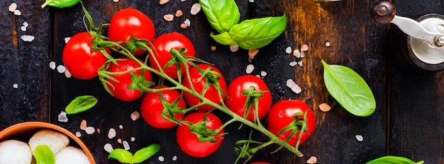 Fresh cherry tomatoes, basil leaves, mozzarella cheese and olive oil on old wooden background. Caprese salad ingredients. Selective focus.