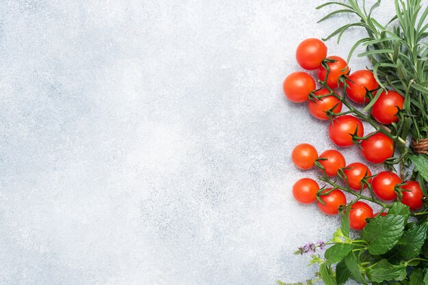 Fresh cherry tomatoes on a branch and rosemary herbs mint