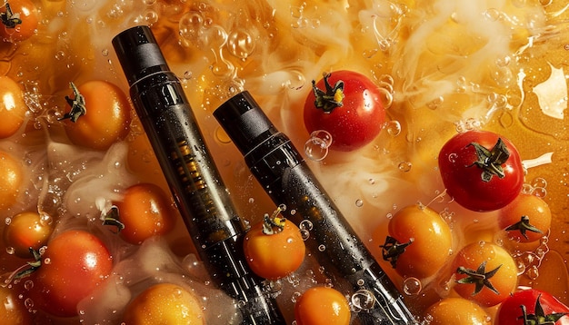 Fresh Cherry Tomatoes Splashing in Water with Black Bottles Amidst Dynamic Liquid Movement