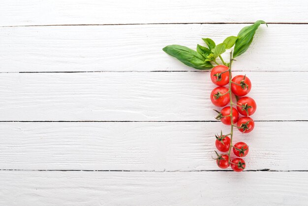 Fresh cherry tomatoes on a twig Top view On the table Free space for text