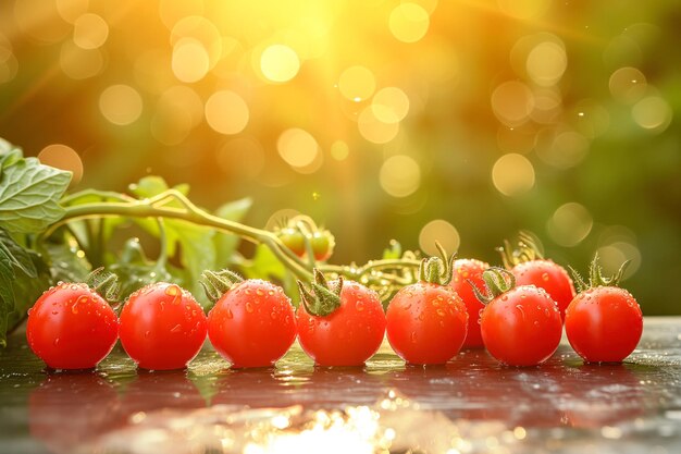 Fresh cherry tomatoes on wooden surface