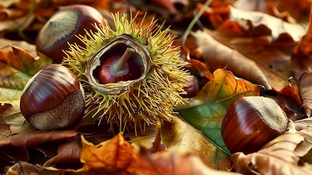 Photo fresh chestnuts with open husk on dry autumn leaves ai generative