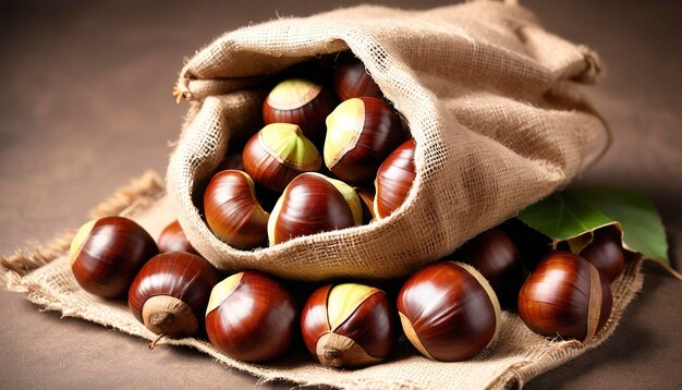 fresh chestnuts with sack bag background