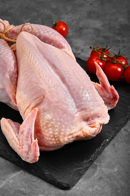 Fresh chicken carcass with tomatoes on a gray background, fresh meat, copy space, photo for grocery stores. dark background.