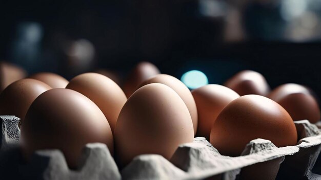 Photo fresh chicken eggs in a carton box on a dark background generative ai