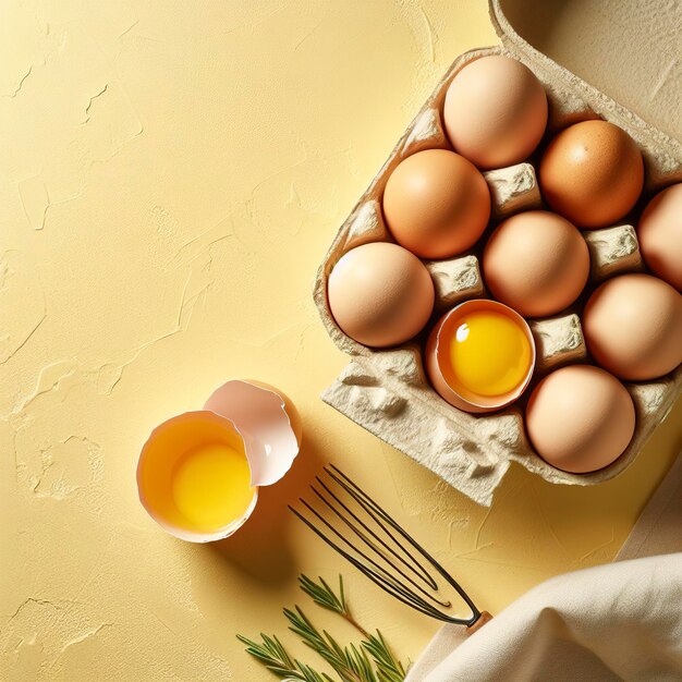 Fresh chicken eggs in a package raw eggs in a white shell in a box Top view copy space