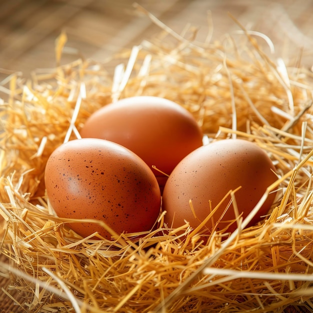 Fresh chicken eggs on straw