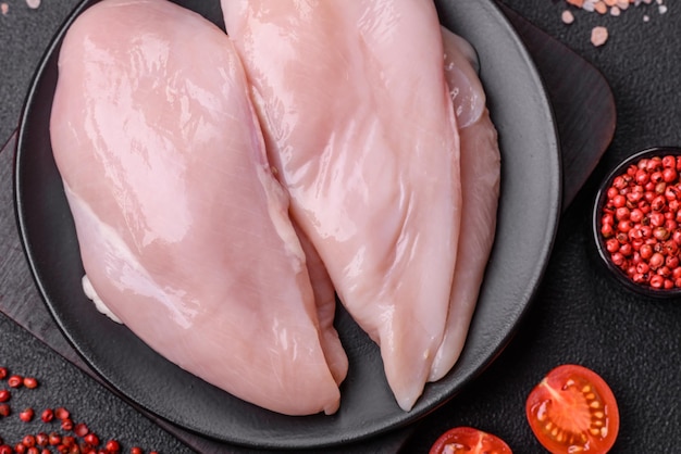 Fresh chicken fillet on a dark concrete table with spices and herbs