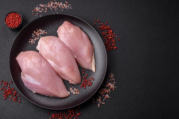 Fresh chicken fillet on a dark concrete table with spices and herbs