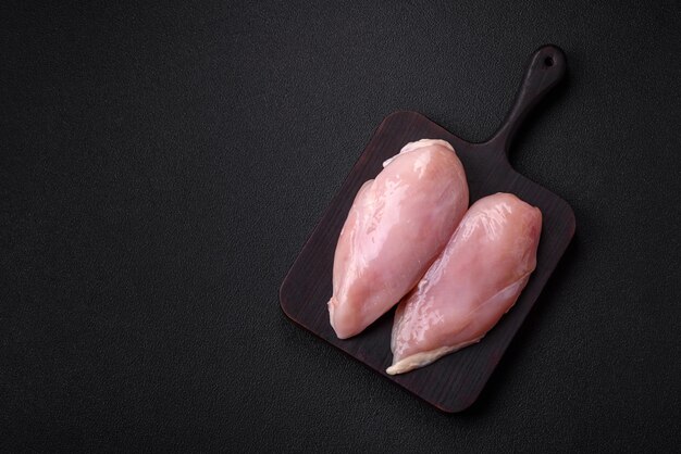 Photo fresh chicken fillet on a dark concrete table with spices and herbs