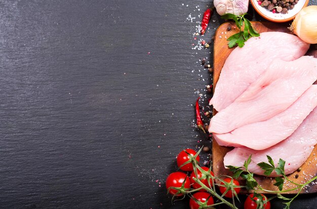 Fresh chicken fillet with vegetables on dark board, top view