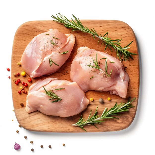 Fresh chicken meat with rosemary on wooden board isolated on transparent white background top