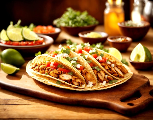 Fresh chicken taco on wooden table