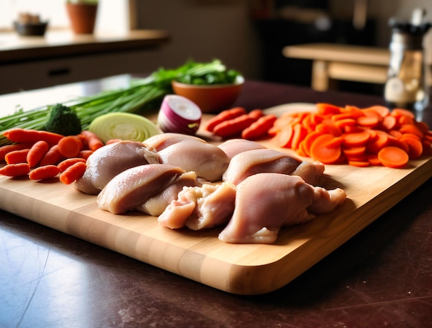 Foto pollo fresco e verdure su una tavola