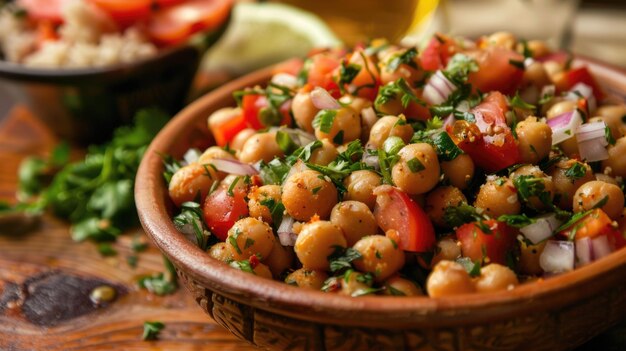 Photo fresh chickpea salad bowl with herbs and olive oil drizzle