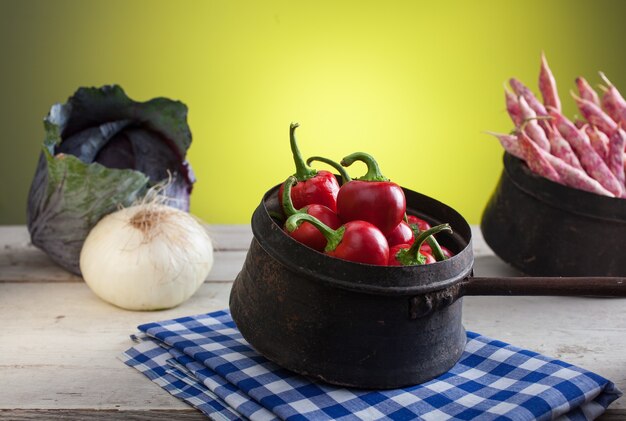 Fresh chili peppers inside an old copper bowl