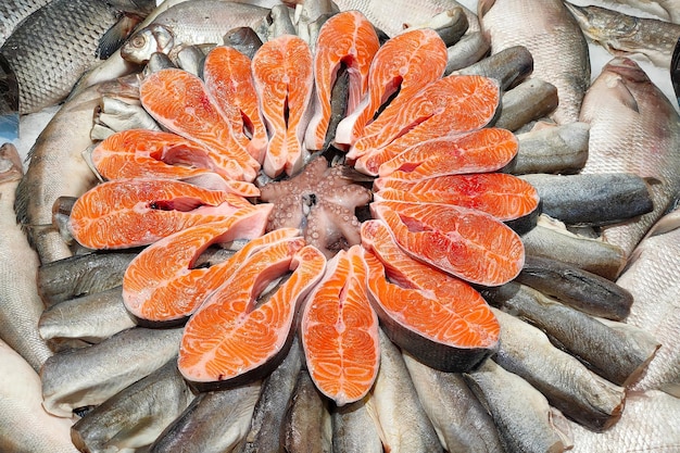 해산물 슈퍼마켓 카운터에서 신선한 냉장 생선과 필레 다양한 종류의 생선과 해산물