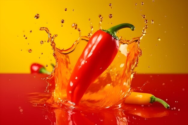 Fresh chilli pepper flying with water splashes on bright color background