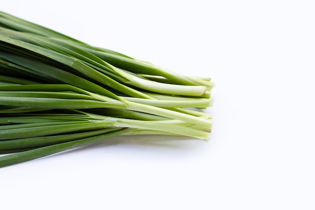 Fresh Chinese Chive leaves on white background