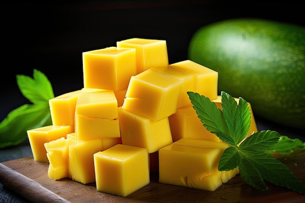 Fresh chopped mango in cubes with green leaves