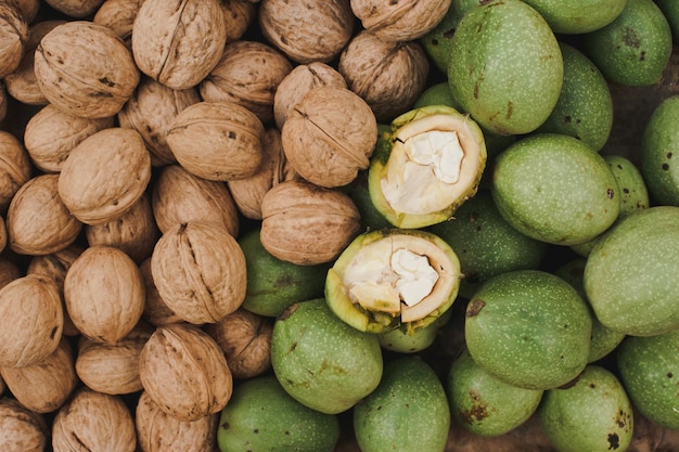 Fresh Chopped Walnut . Harvest walnuts. Walnut fruits of different varieties. Fresh green and ripe walnuts in the shell.