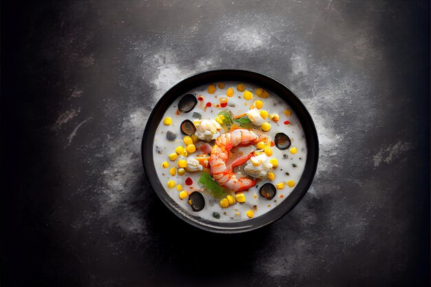 Fresh Chowder Crab Soup with shrimps and corn on concrete