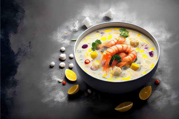 Fresh Chowder Crab Soup with shrimps and corn on concrete