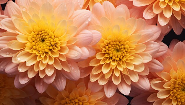 Fresh chrysanthemum flower seamless background visible drops of water overhead angle