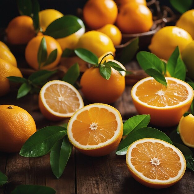 木製のテーブルの上にある新鮮な柑橘類の果物 - 自然の健康的な夏のスナック - 人工知能によって生成された水のスプラッシュ