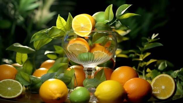 Fresh citrus fruits cocktails with leaves