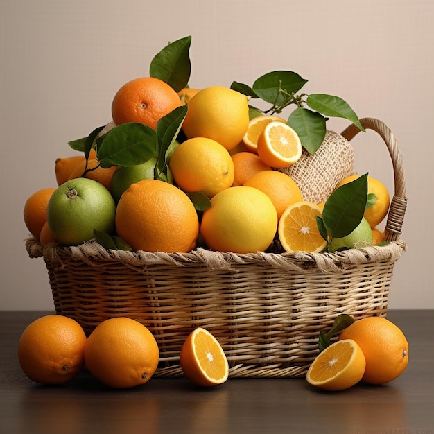 健康的なバスケットに入った新鮮な柑橘系の果物