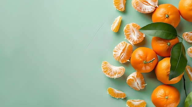 写真 鮮やかな緑色の背景に鮮やかな柑橘類の果物 健康的なライフスタイルのコンセプト 葉を剥がして丸くしたタンジャリン 活気のあるカラフルな食品写真 レシピのビジュアルに最適なai