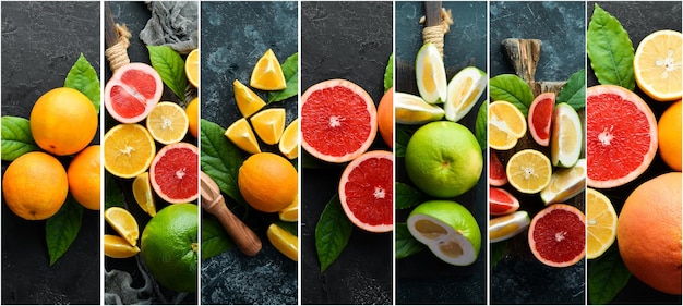 Fresh citrus fruits. Photo collage. Banner.