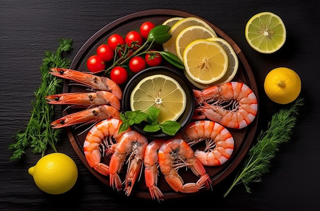 Fresh citrus fruits seafood and herbs on a black background