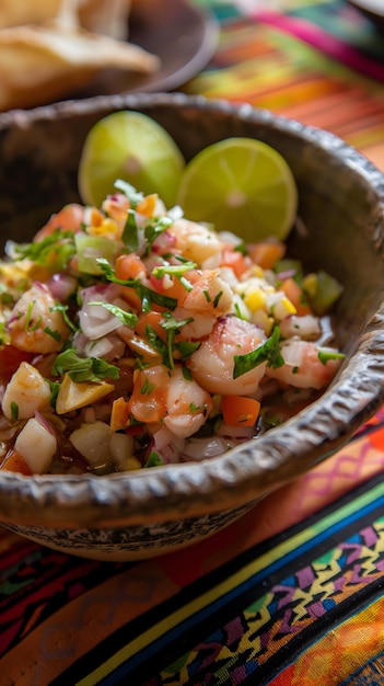 Свежий цитрусовый маринованный креветка Ceviche в традиционной глиняной чаше