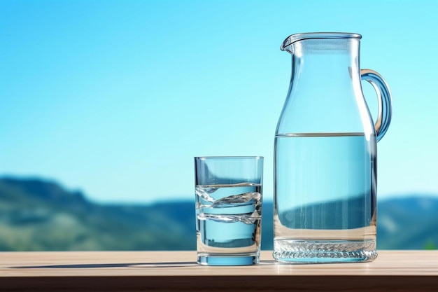 Fresh and clean drinking water in jug and glass on sky background