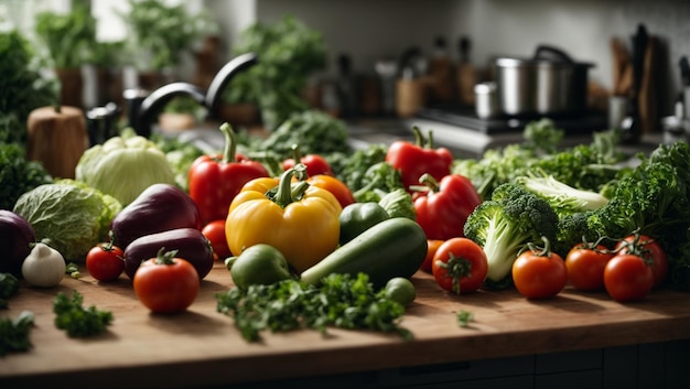 Fresh clean vegetables being put on a kitchen desk top