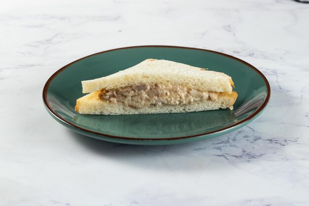 fresh club sandwich filled with chicken and mayo dip isolated on table top view of indian food
