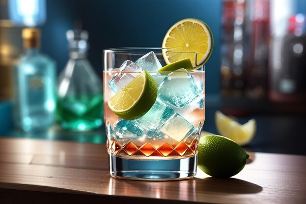 잔 에 알코올 얼음 큐브 와 라임 한 조각 이 들어 있는 신선 한  ⁇ 테일 음료