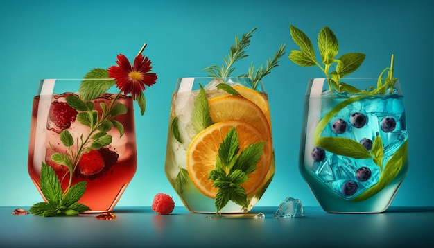 Fresh cocktail drinks with ice fruit and herb decoration Alcoholic nonalcoholic drinkbeverage Generative ai