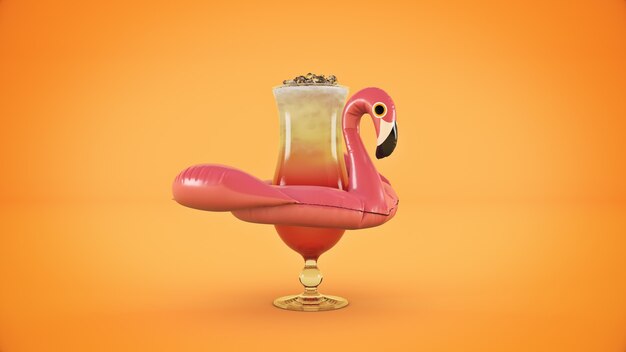 Fresh cocktail on inflatable pink flamingo toy Vacation concept 3d rendering