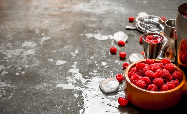 fresh cocktail of wild raspberries with ice.