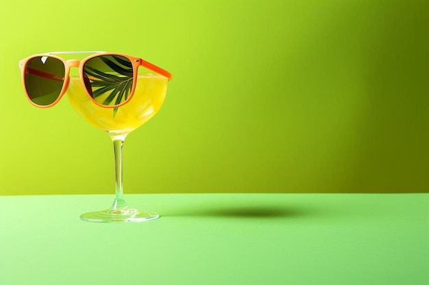 Foto cocktail fresco con occhiali da sole alla moda su uno sfondo colorato