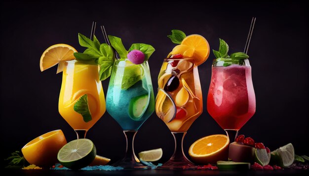 Fresh cocktails and tropical juice drinks realistic AI generated