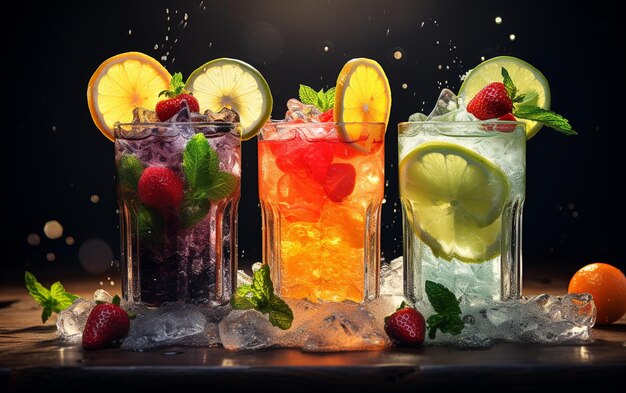 Fresh cocktails with ice lemon lime and fruits